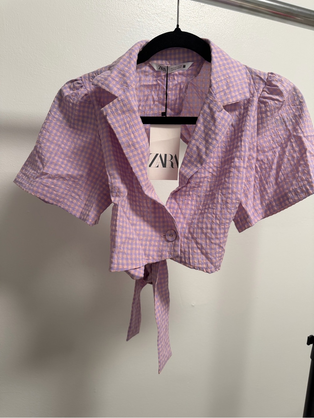 Zara Lavender Pink Gingham Tie-Front Cropped Blouse